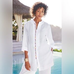 SOFT SURROUNDING‎ $118 Desert Linen Tunic White Cream Full Zip Front Long Cover
